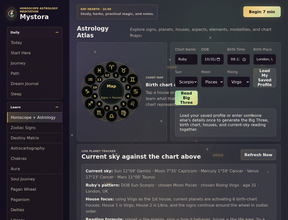 Mystora birth chart astrology screenshot showing chart details and current sky tracking
