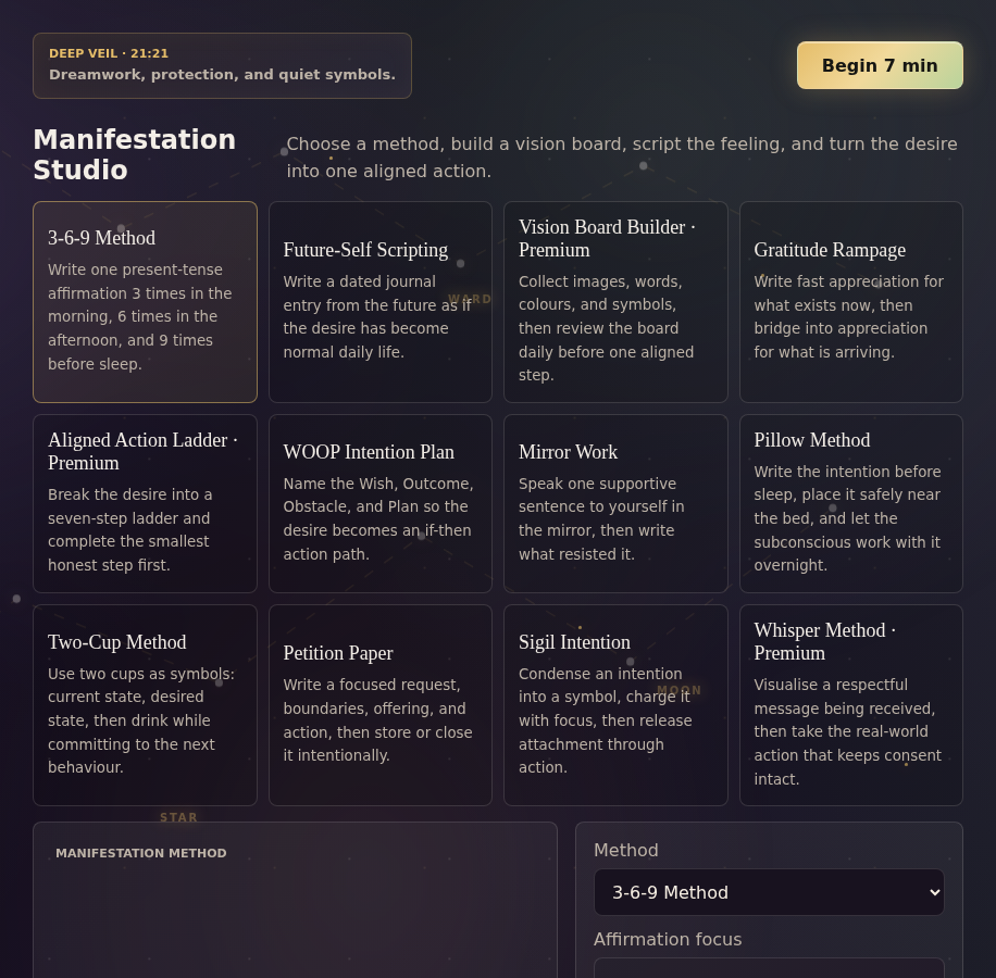 Mystora Manifestation screenshot showing intention planning and grounded action steps