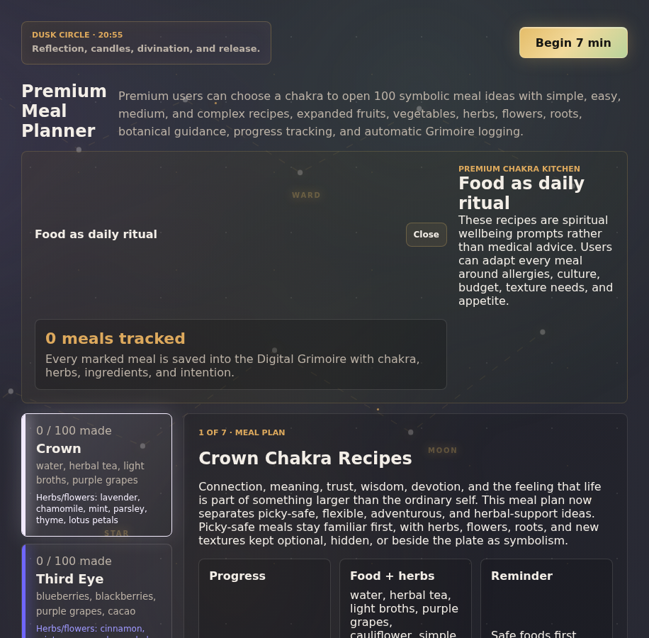 Mystora chakra meal planner screenshot showing food ideas matched to chakra focus