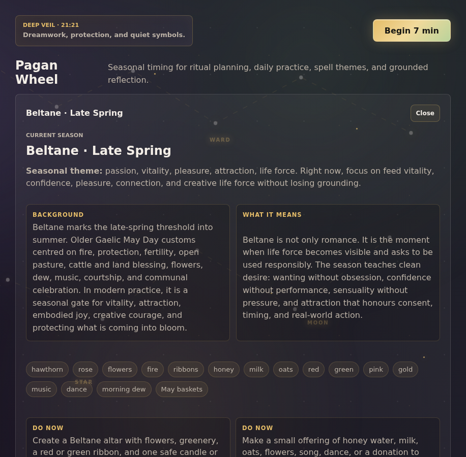 Mystora Pagan Wheel screenshot showing seasonal sabbat timing and ritual themes