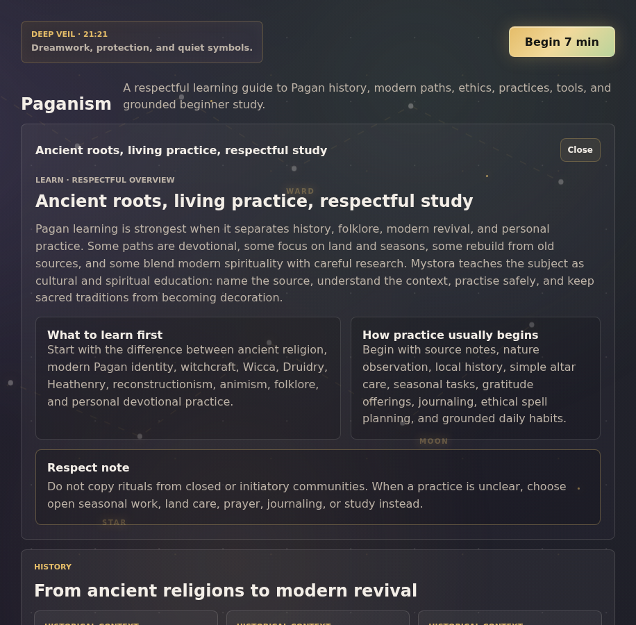 Mystora Paganism learning guide screenshot showing history, ethics, and beginner practice topics