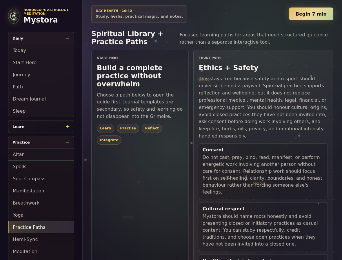 Mystora spiritual practice paths screenshot showing guided community tools and location guidance