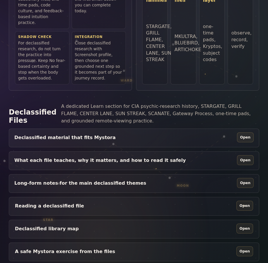 Mystora remote viewing method screenshot showing cue, impressions, feedback, and grounding steps