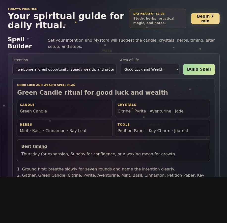 Mystora spell builder screenshot showing ritual ingredients and spell steps