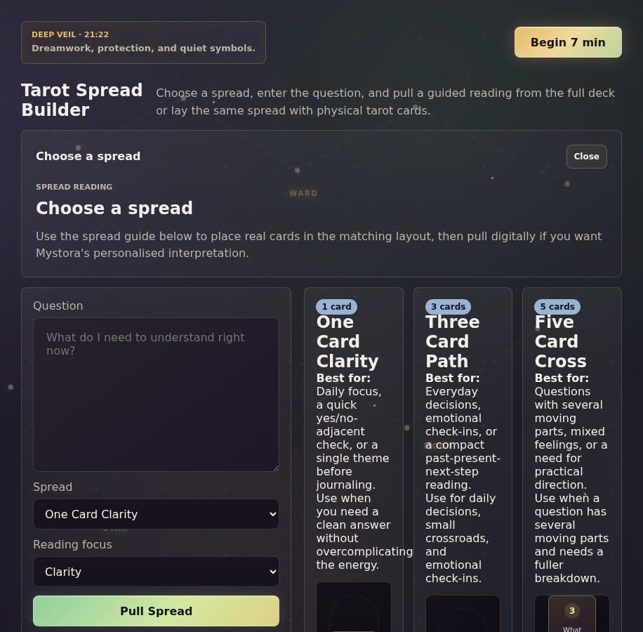 Mystora Tarot Spreads screenshot showing spread layouts and reading guidance